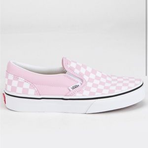 Pink and white checkered slip on vans